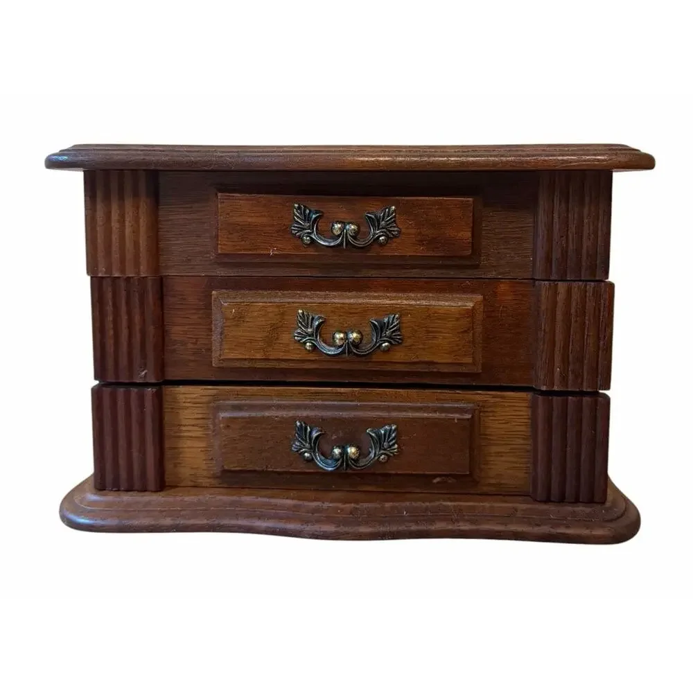 Vintage Wooden Jewelry Box 3 Drawers & Mirror Mini Dresser Style Yellow Velvet